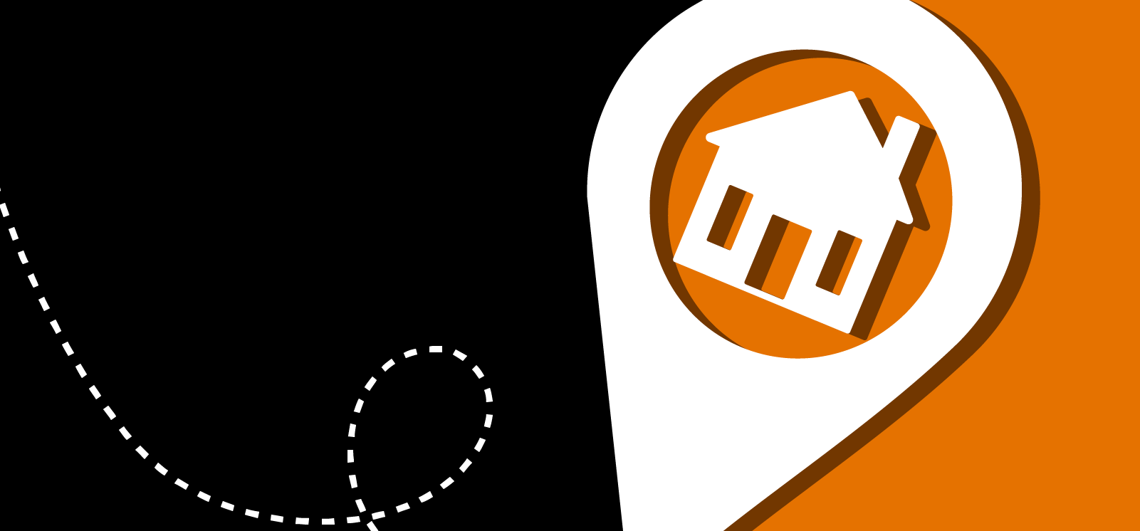IMAGE: Black and orange background with location and house icon
